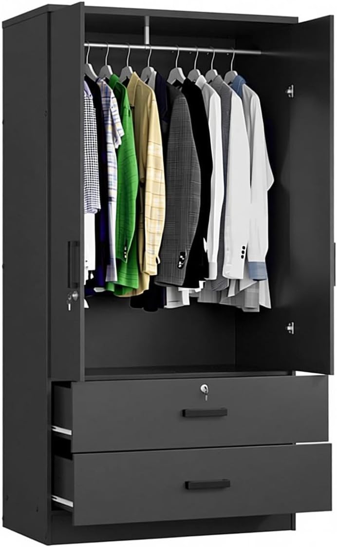 Black Lockable Double Door Wardrobe Closet