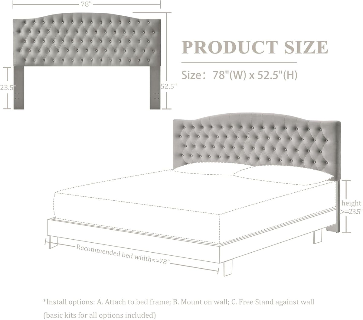 Velvet Silver Gray King Headboard