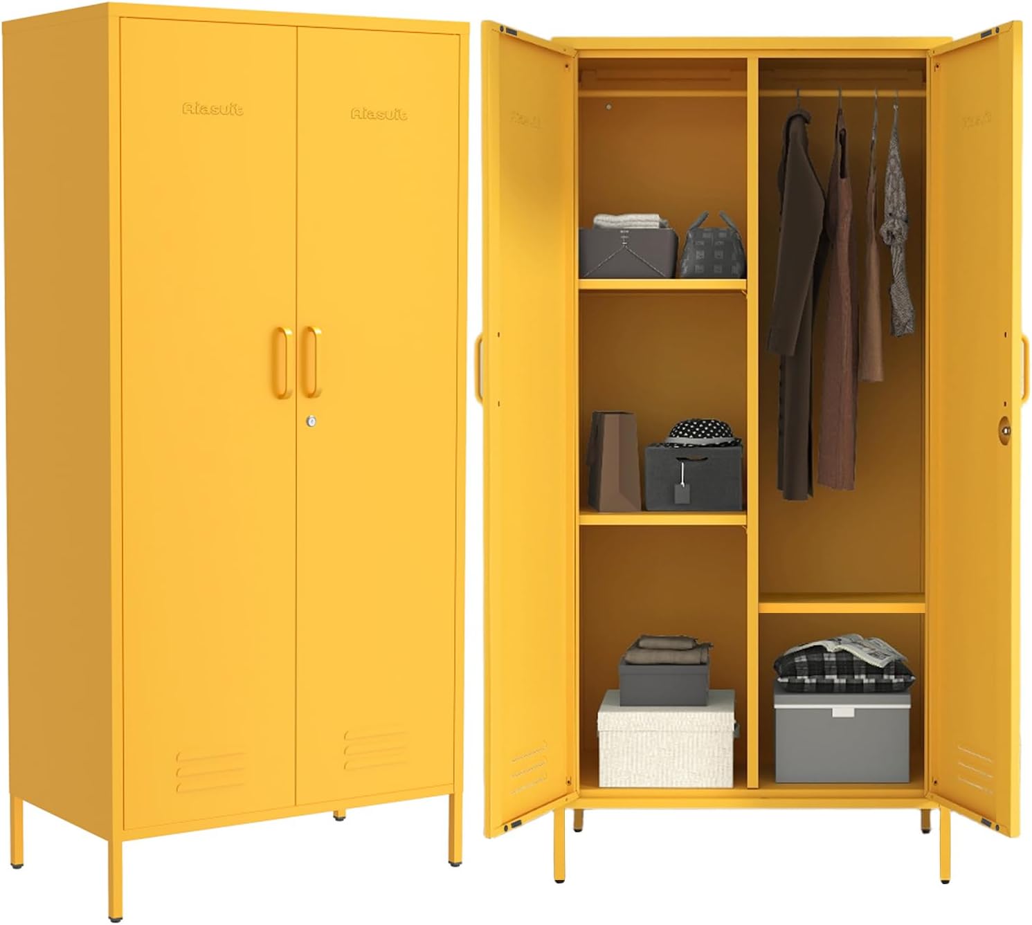 Yellow Lockable Metal Armoire Wardrobe Closet