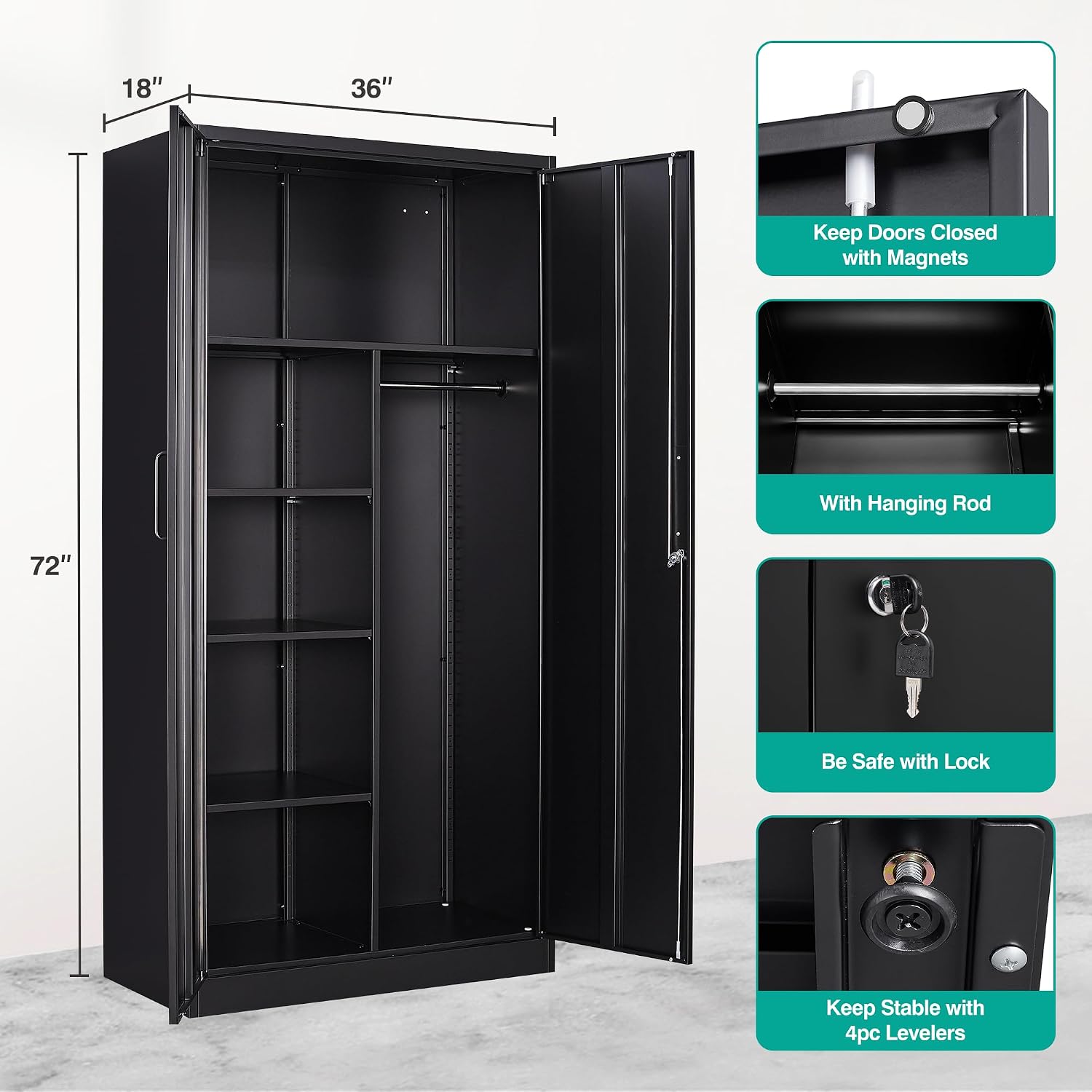 Black Lockable Metal Wardrobe Closet