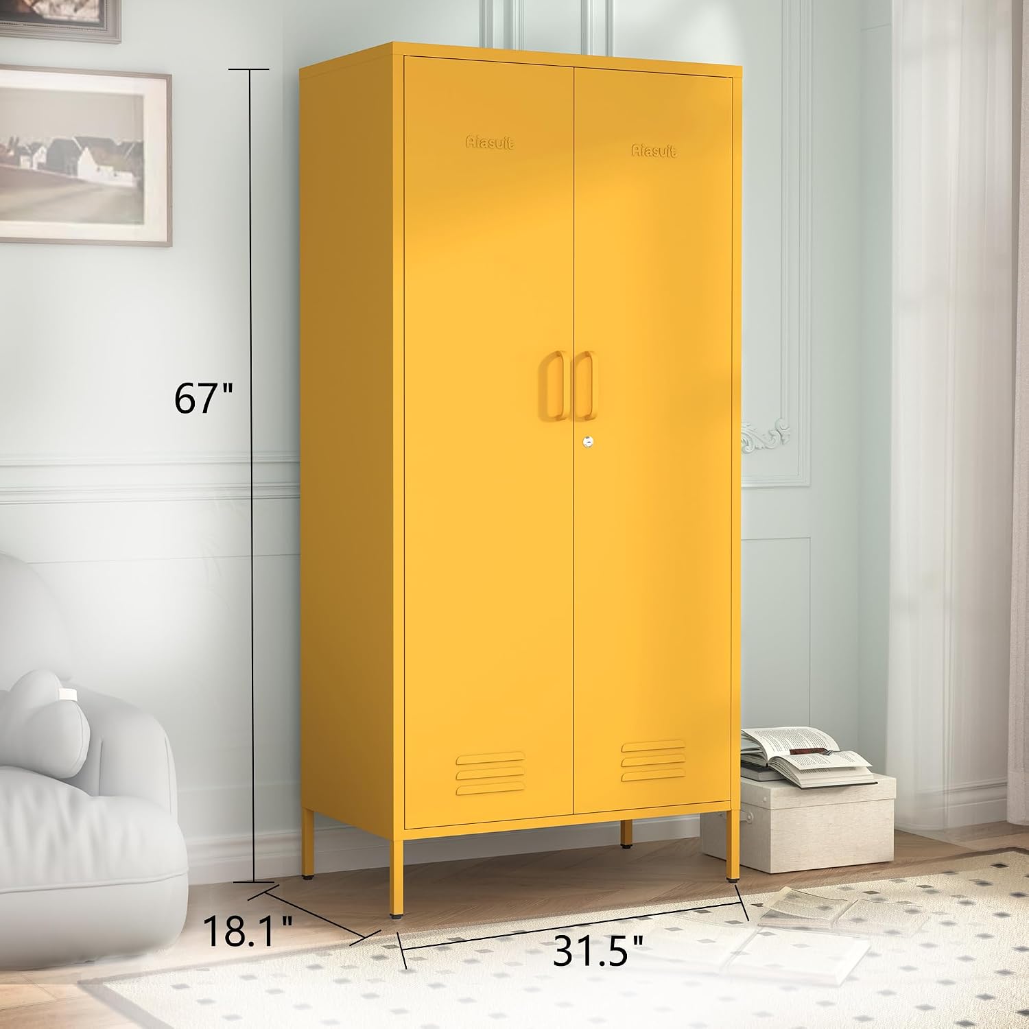 Yellow Lockable Metal Armoire Wardrobe Closet