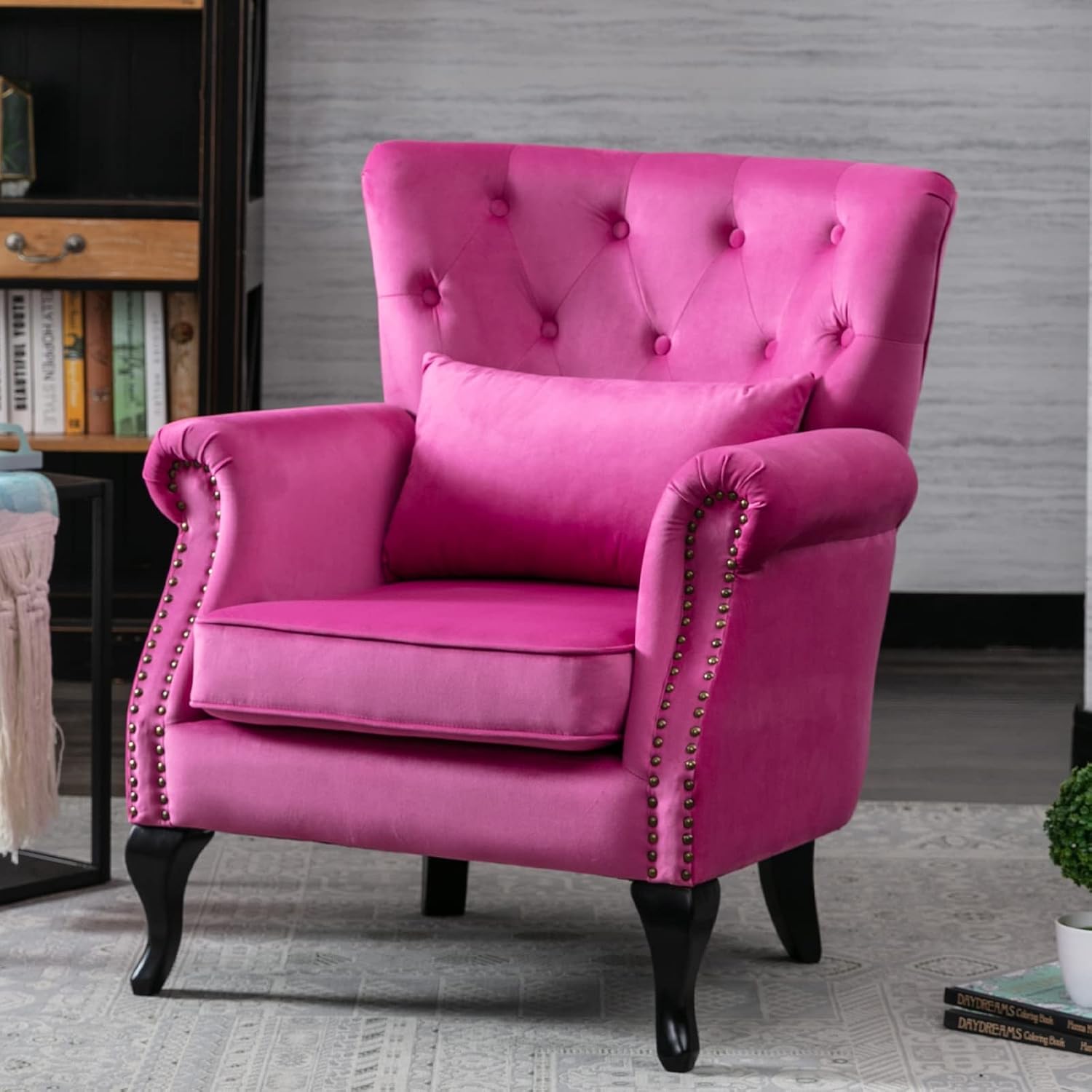 Rose Pink Tufted Velvet Wingback Accent Chair