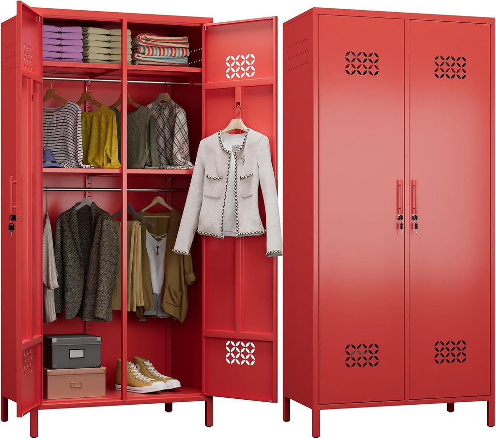 Red Lockable Deep Metal Wardrobe Closet