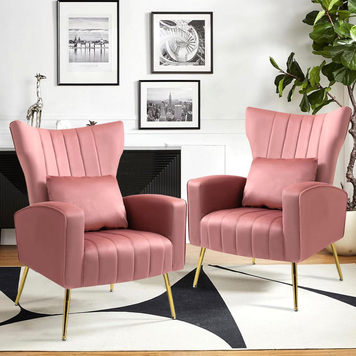 Blush Pink Velvet Wingback Chairs Set of 2