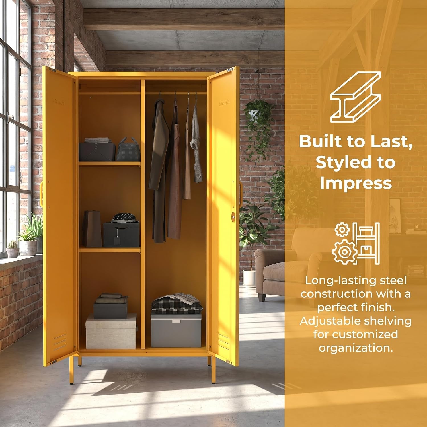 Yellow Lockable Metal Armoire Wardrobe Closet