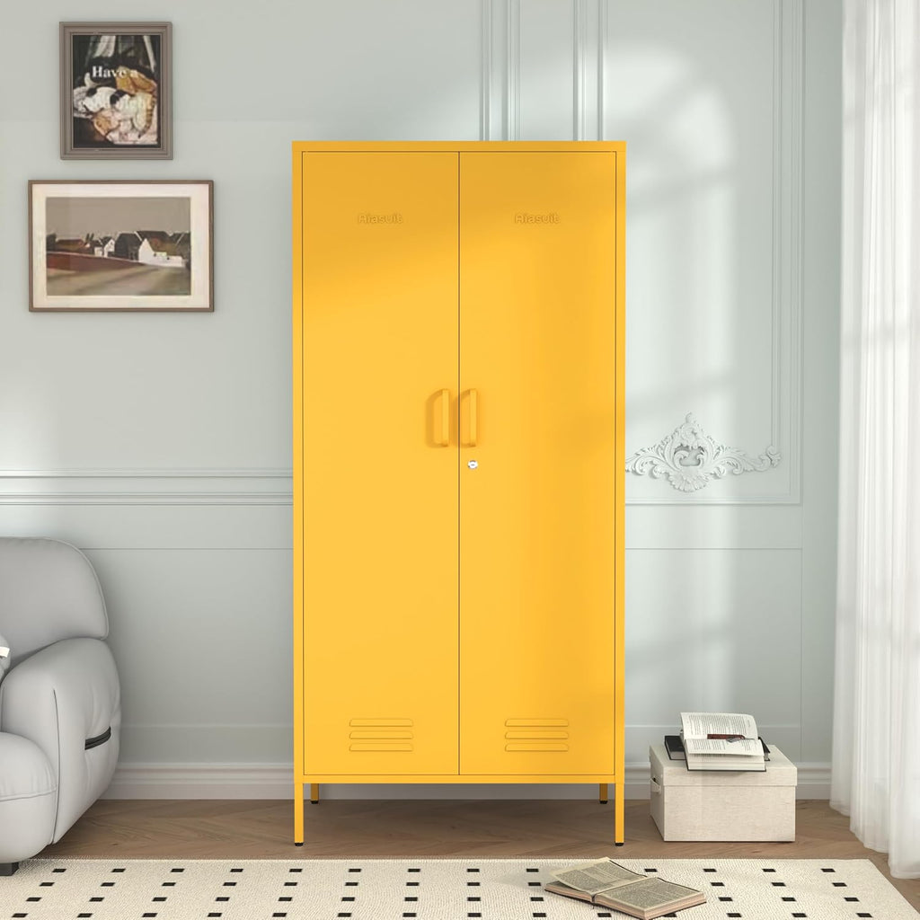 Yellow Lockable Metal Armoire Wardrobe Closet
