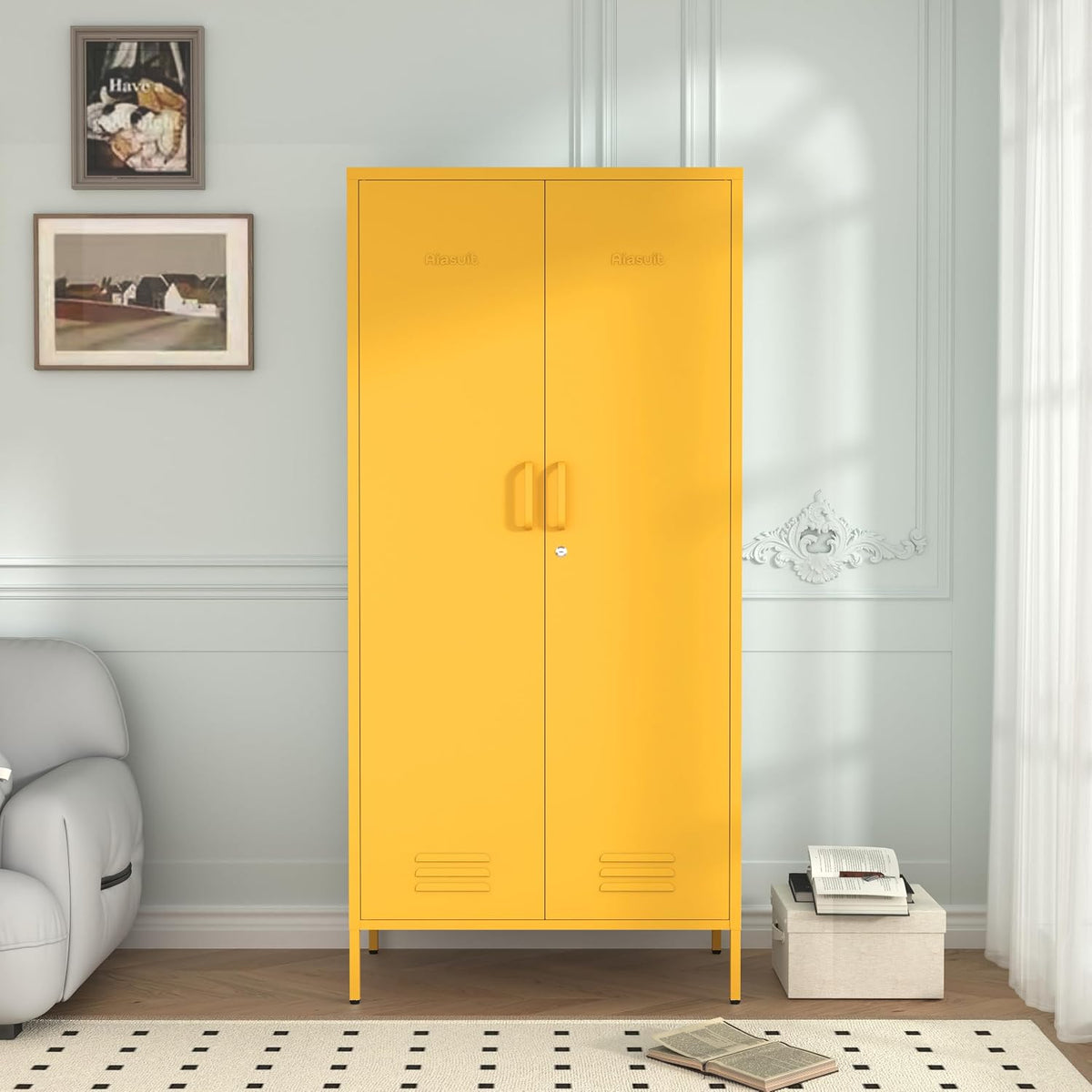 Yellow Lockable Metal Armoire Wardrobe Closet