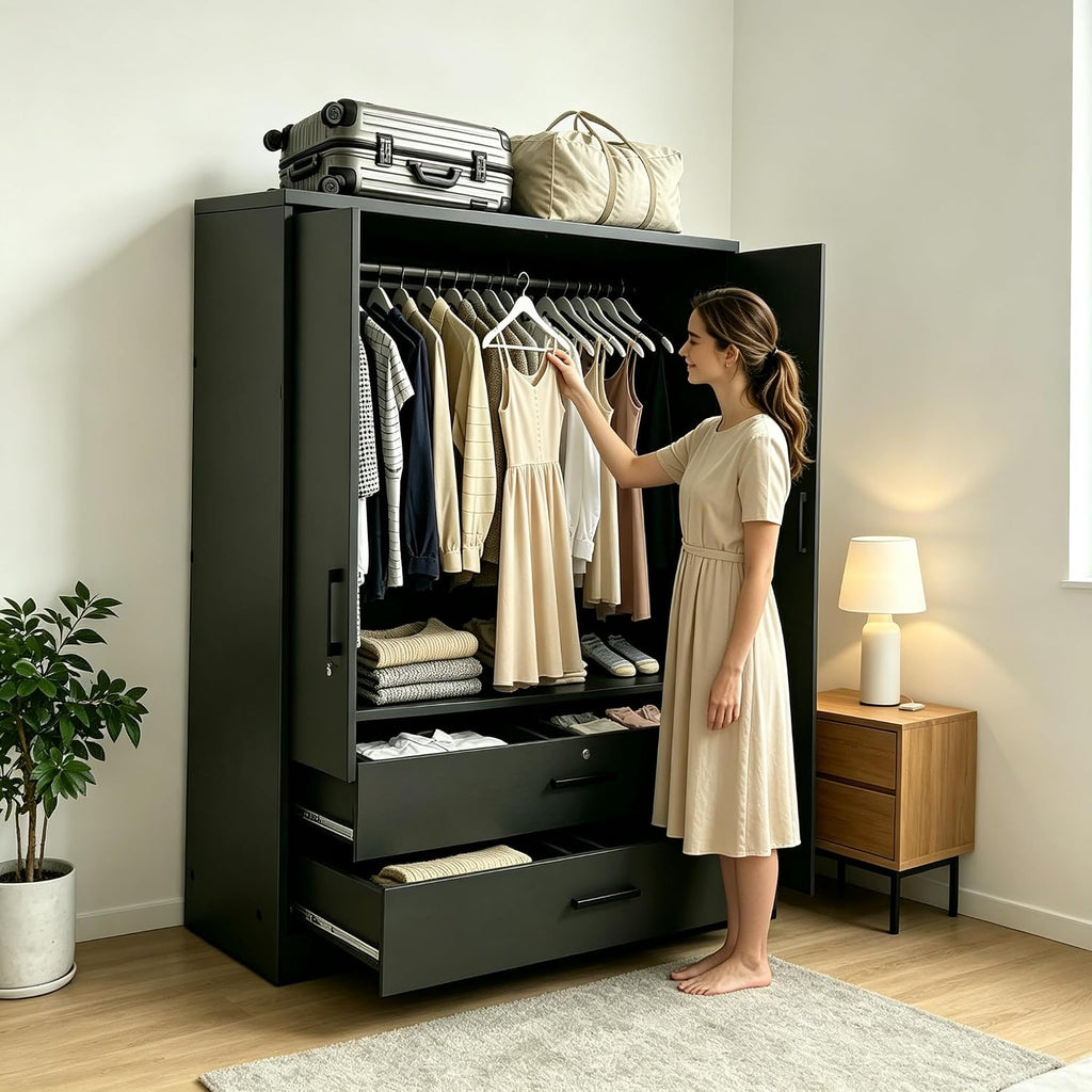 Black Lockable Double Door Wardrobe Closet