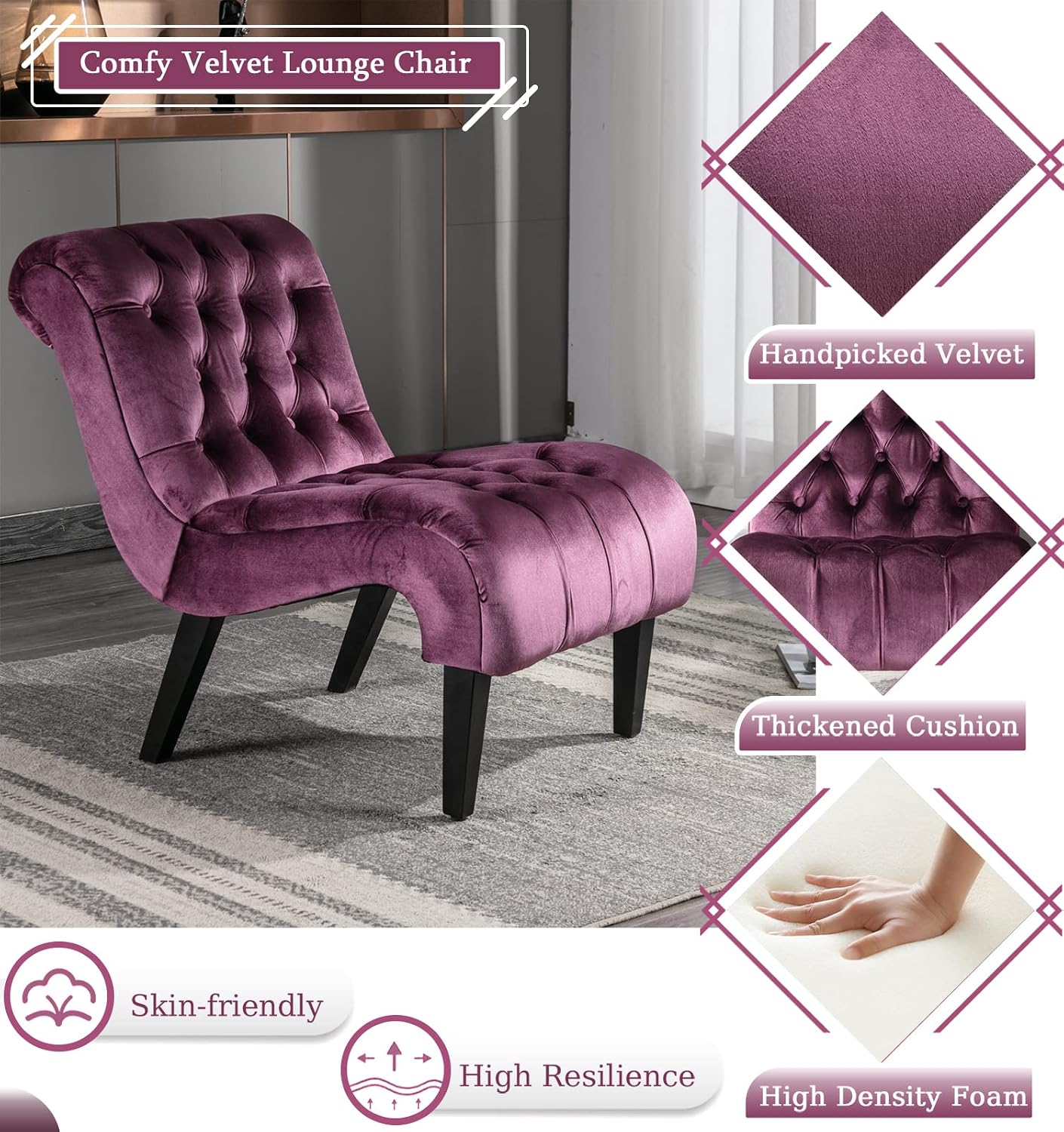 Purple Tufted Velvet Armless Accent Chair
