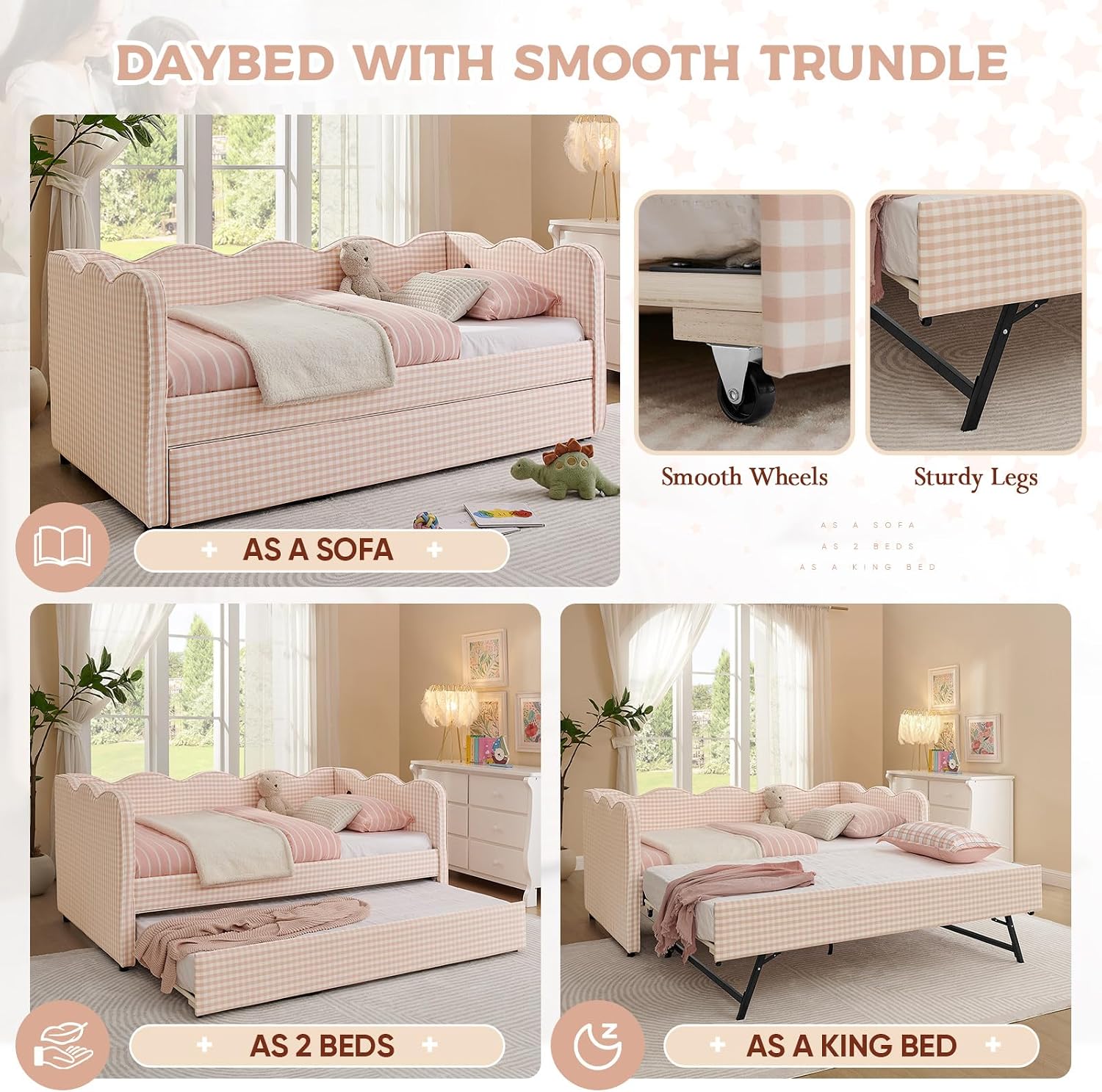 Pink Linen Daybed with Pop Up Trundle