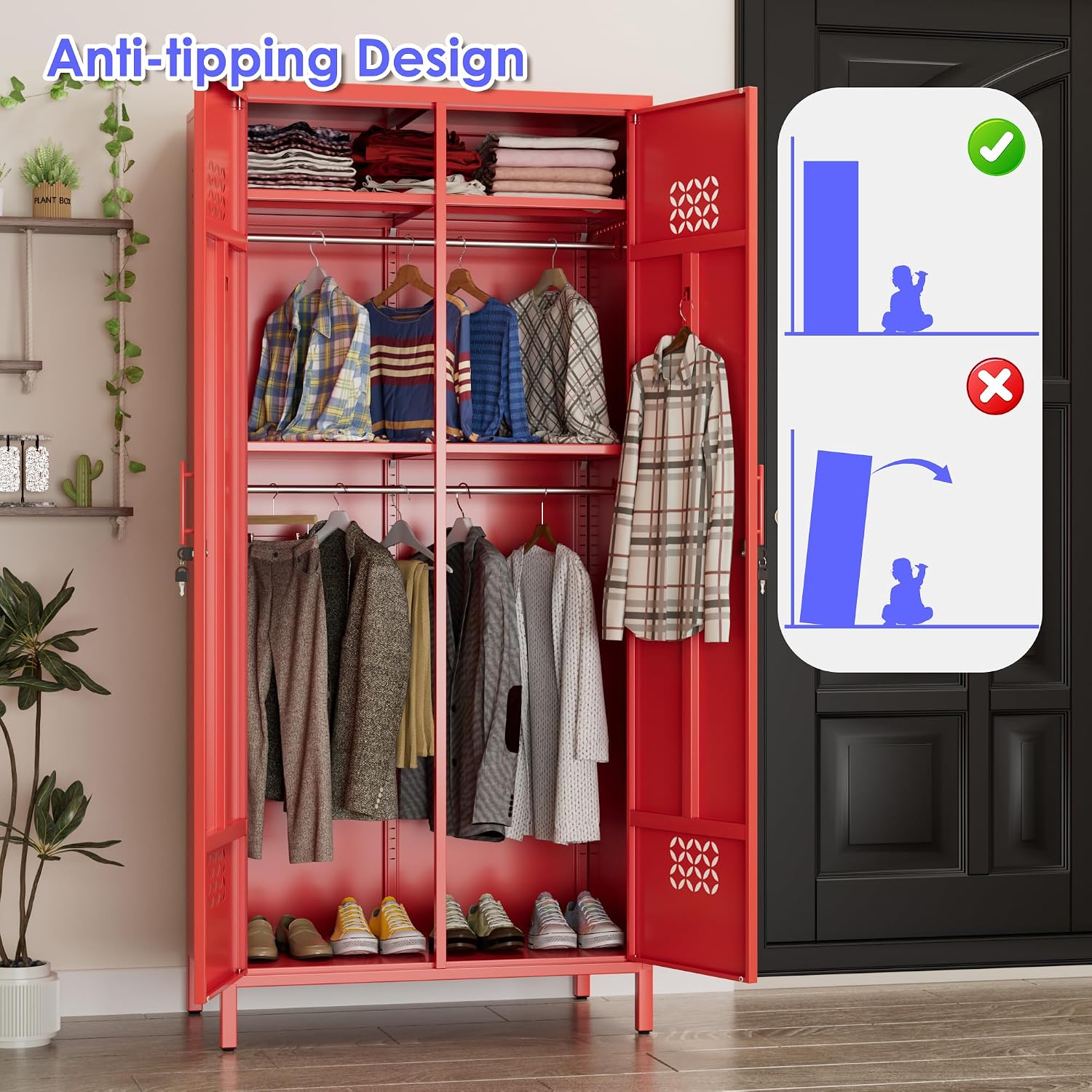 Red Lockable Deep Metal Wardrobe Closet