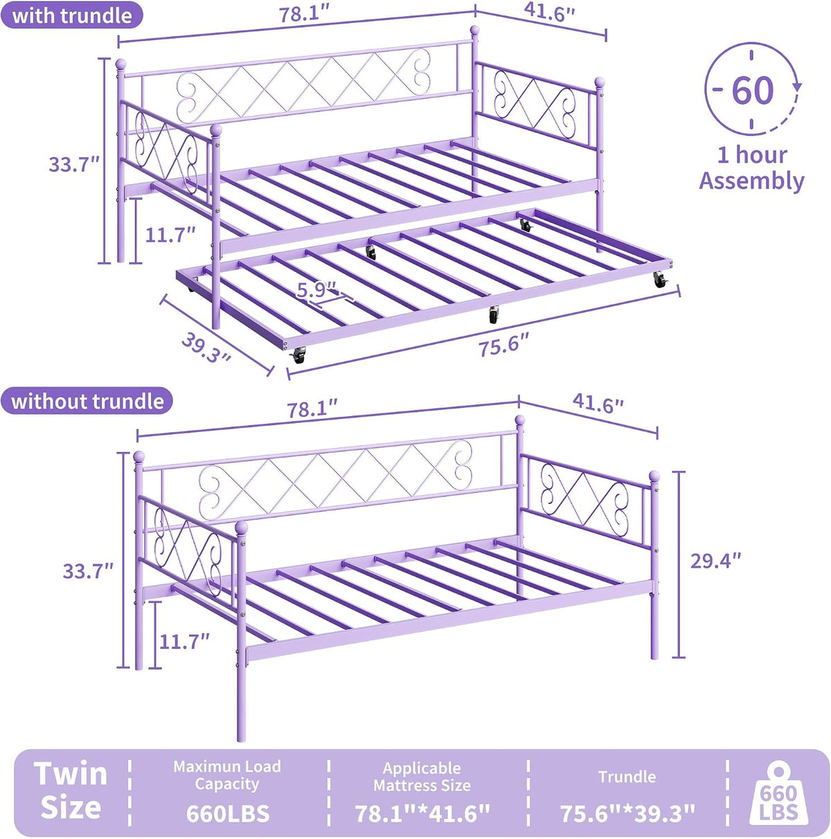 Purple Metal Daybed with Trundle