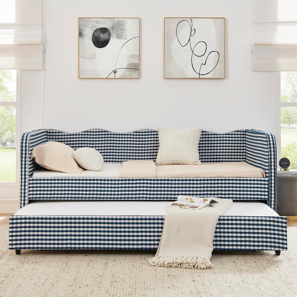 Gingham Daybed with Trundle & Storage Pockets