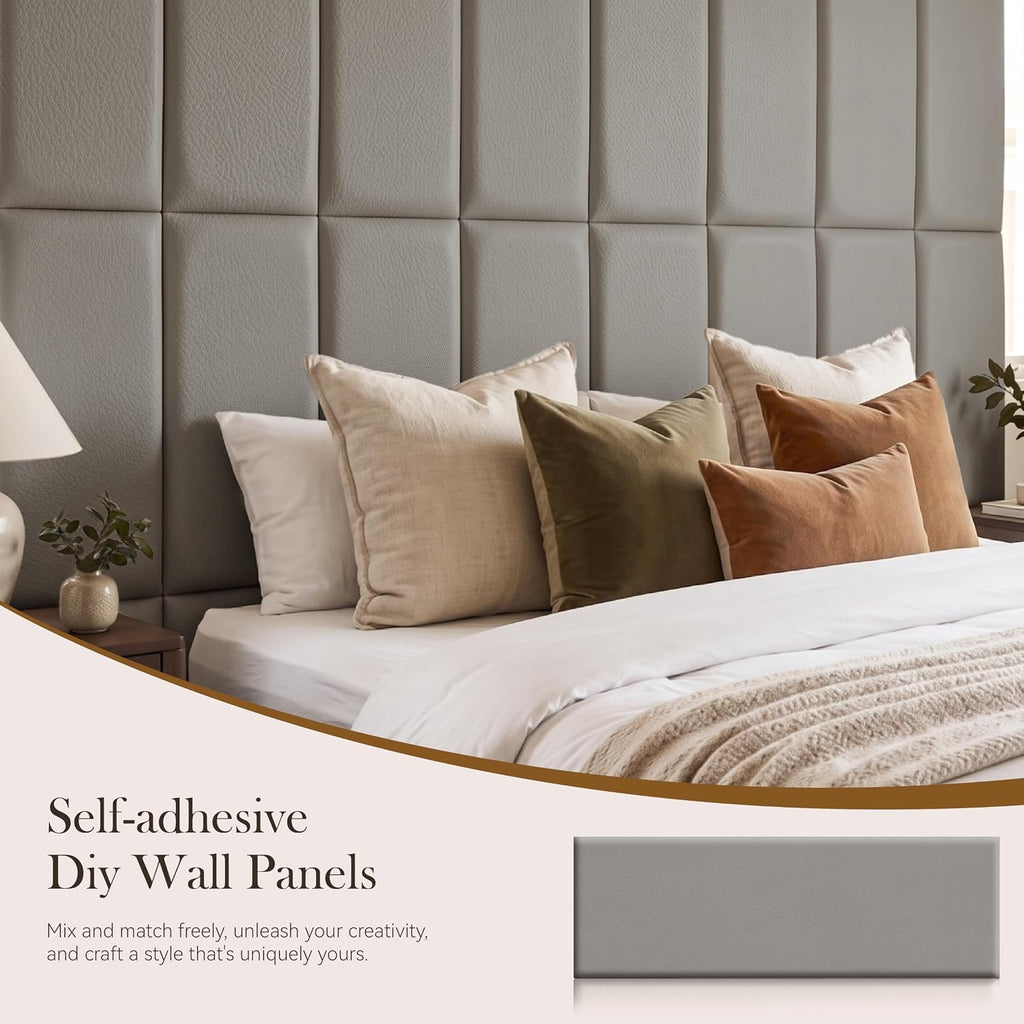Grey Peel Stick Upholstered Wall Headboard