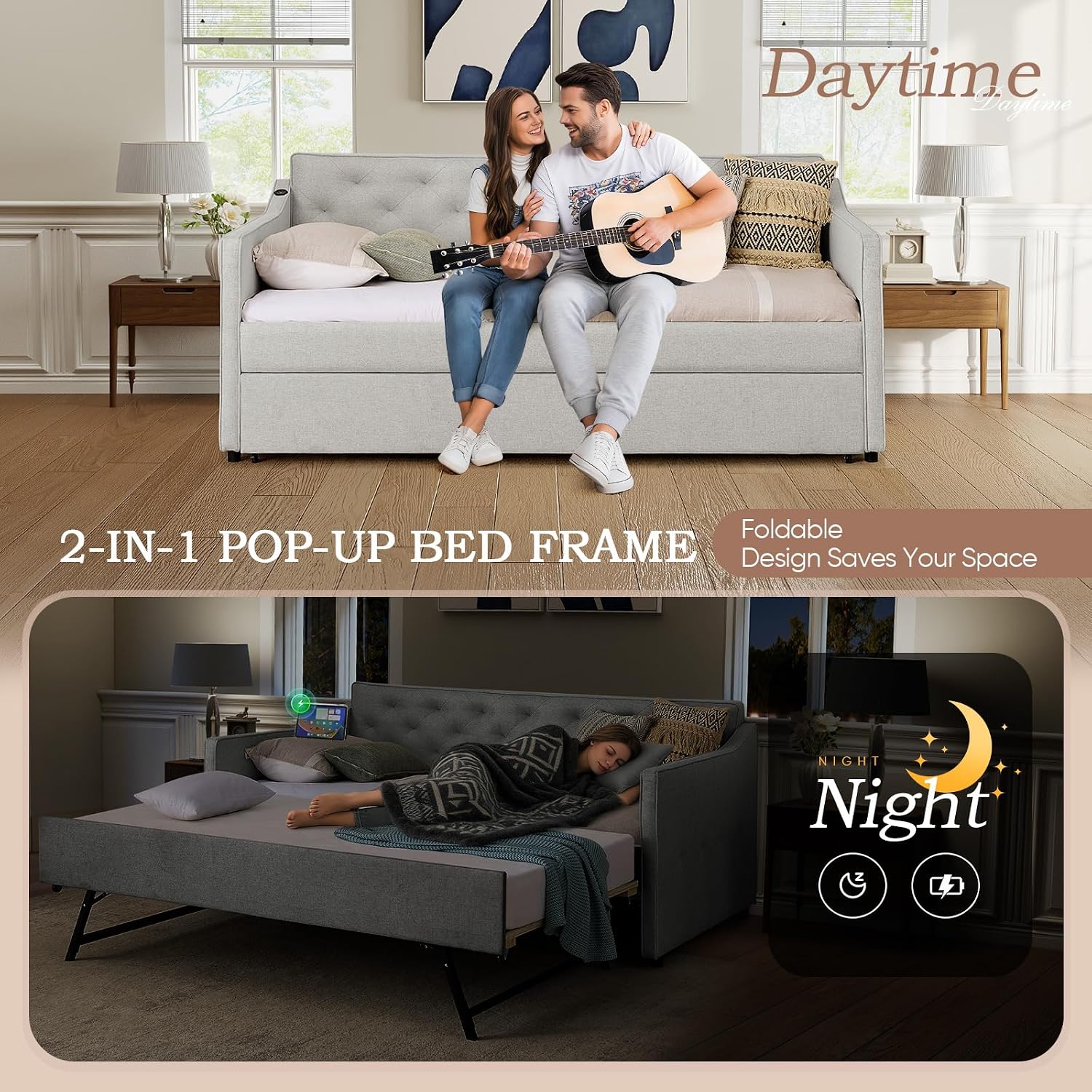 Beige Daybed with Pop Up Trundle