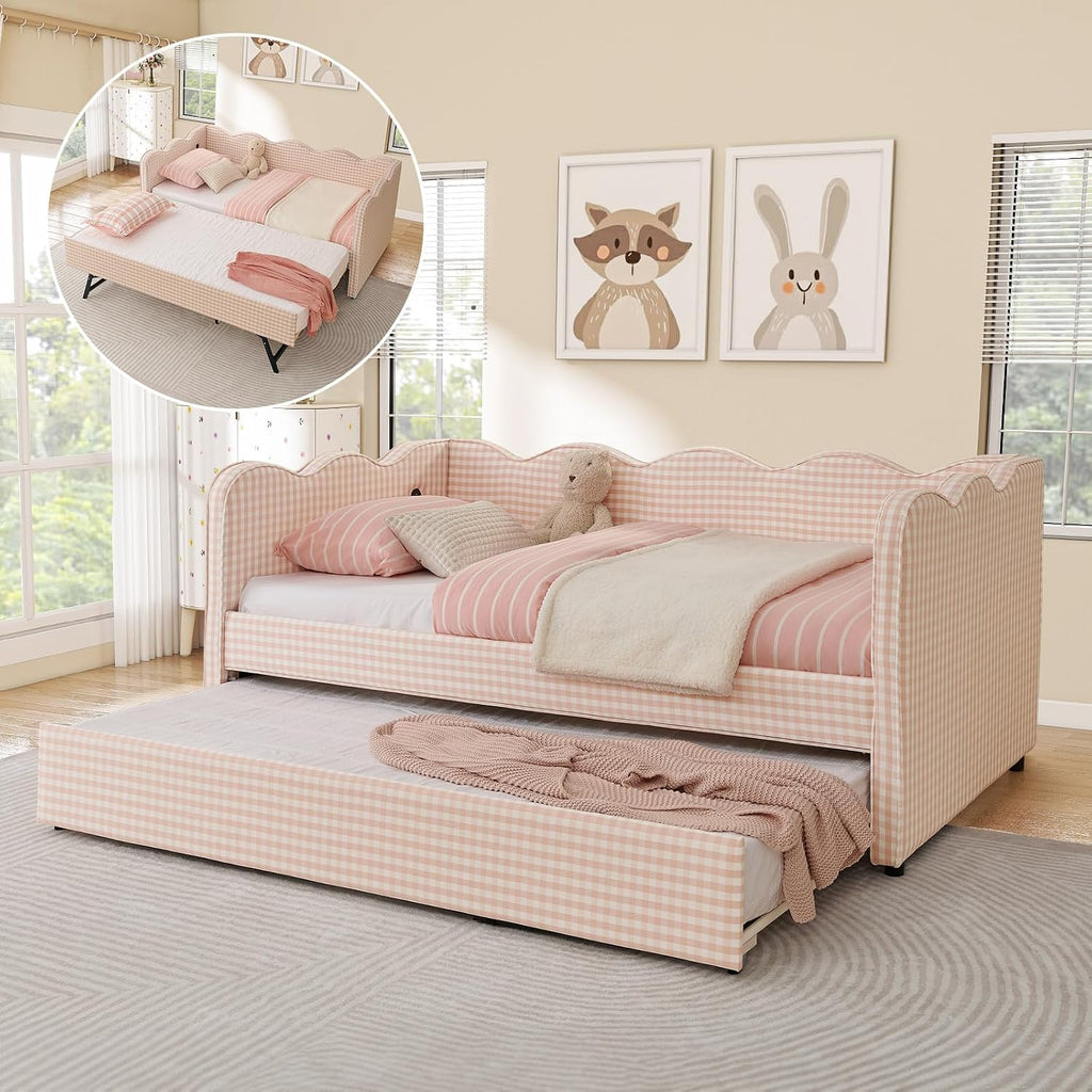 Pink Linen Daybed with Pop Up Trundle