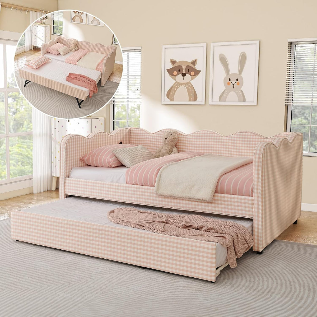 Pink Linen Daybed with Pop Up Trundle