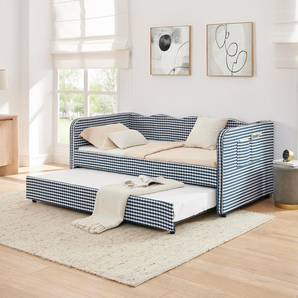 Gingham Daybed with Trundle & Storage Pockets