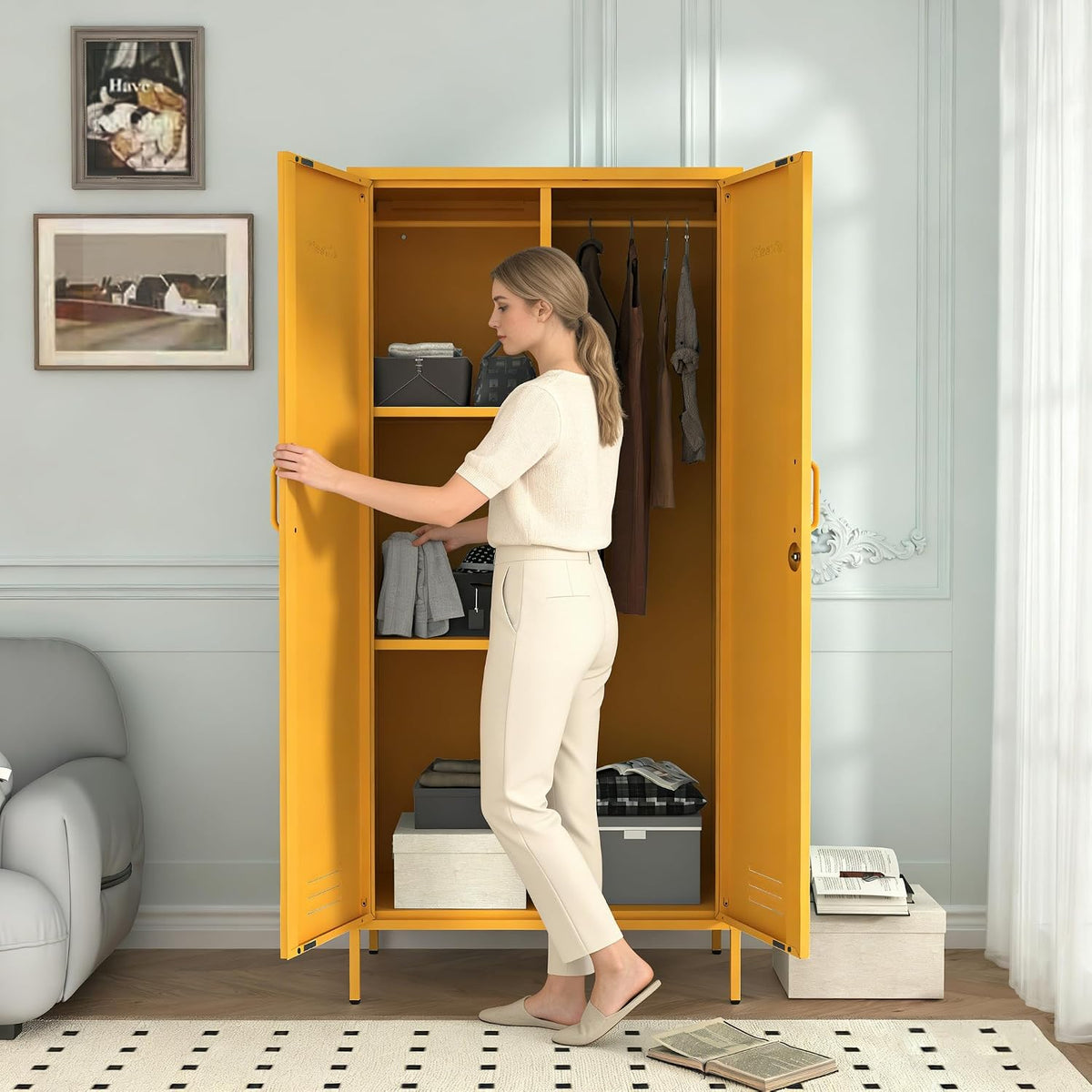 Yellow Lockable Metal Armoire Wardrobe Closet