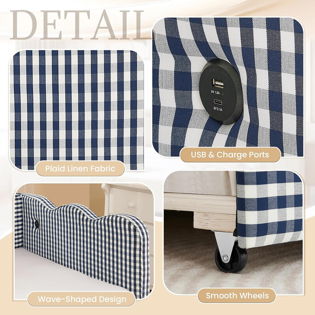Blue Linen Daybed with Pop Up Trundle