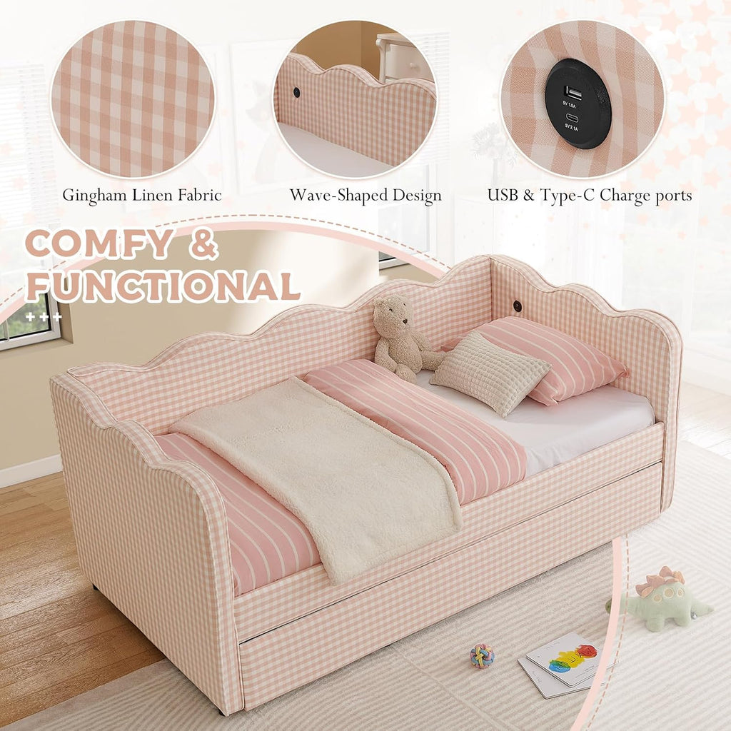 Pink Linen Daybed with Pop Up Trundle