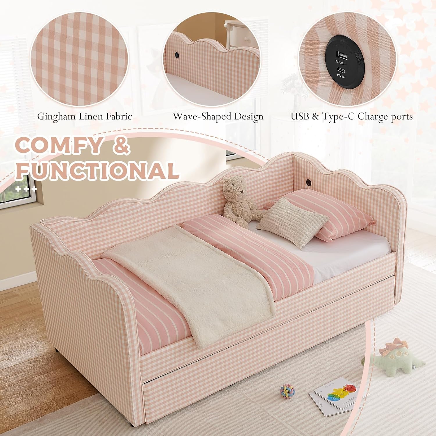 Pink Linen Daybed with Pop Up Trundle