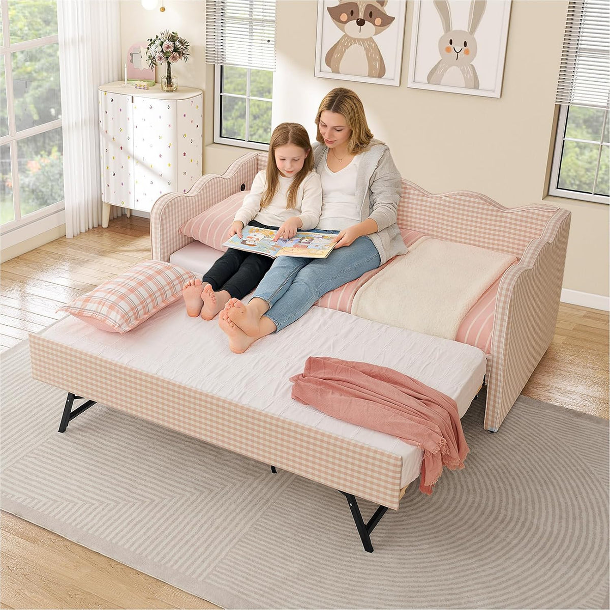 Pink Linen Daybed with Pop Up Trundle