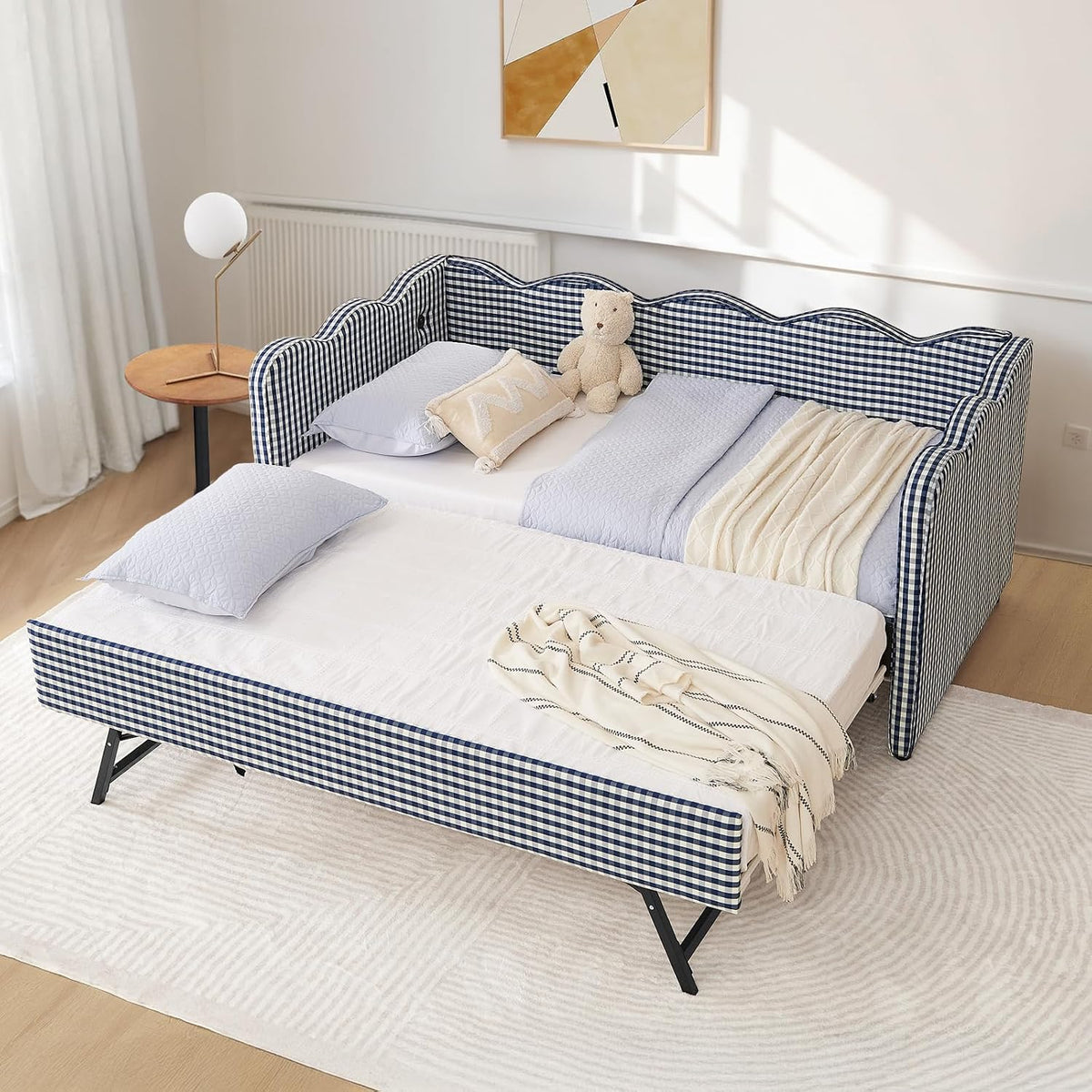 Blue Linen Daybed with Pop Up Trundle