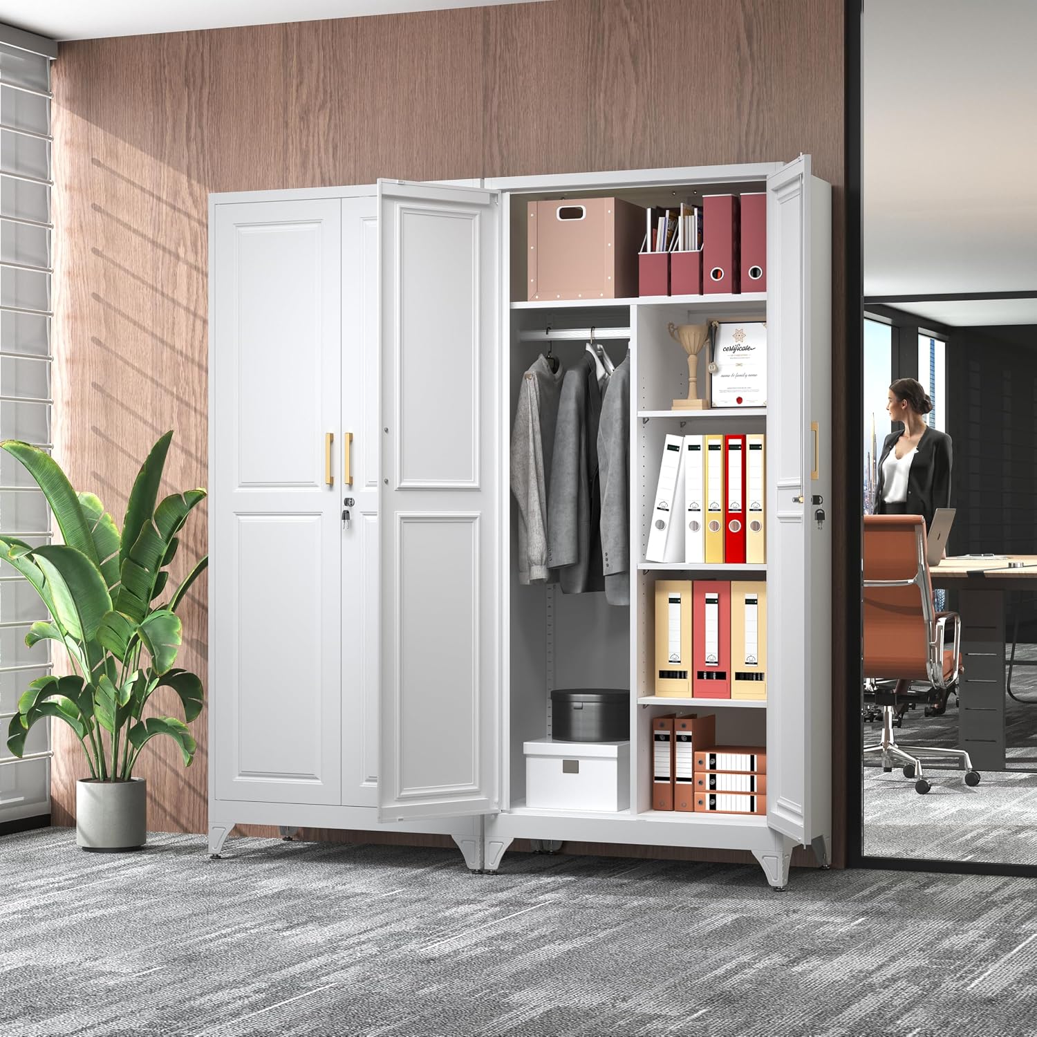 White Lockable Metal Wardrobe Closet