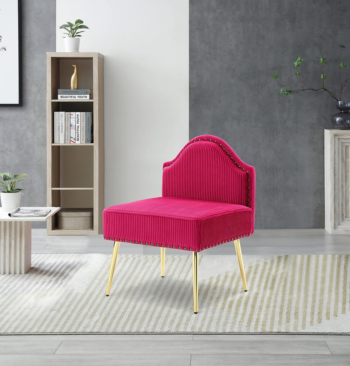 Fuchsia Pleated Velvet Armless Accent Chair